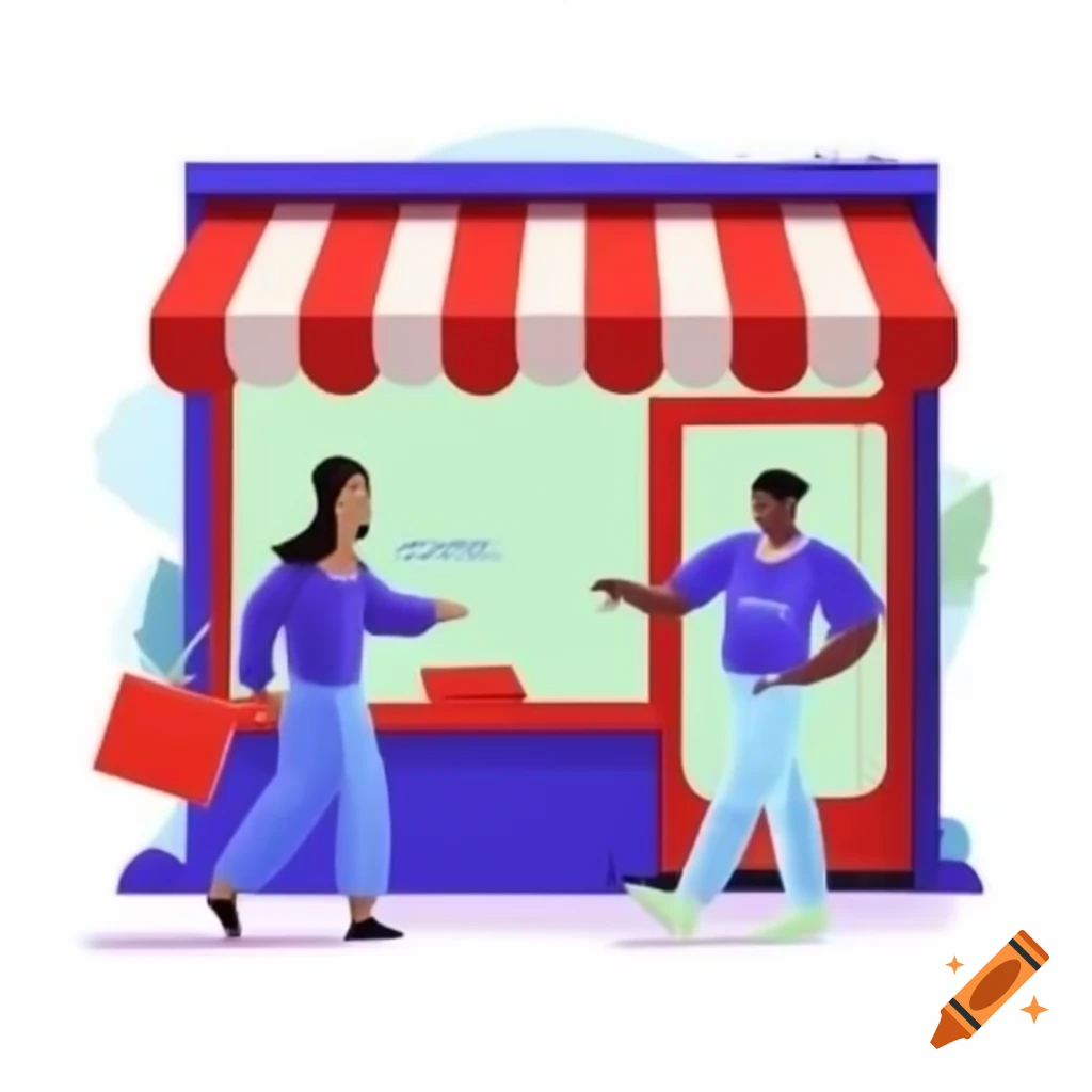 Cartoon scene featuring shop keeper and visitor
