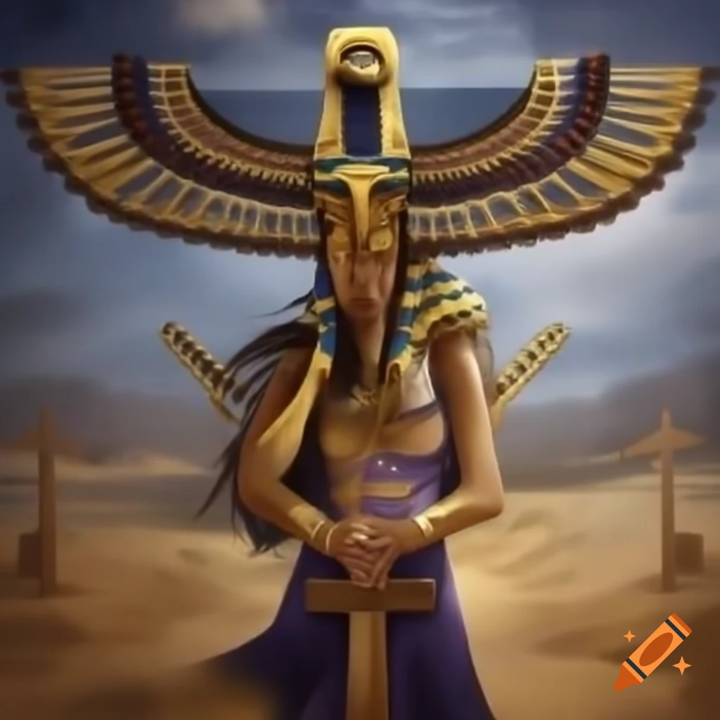 Ancient Egyptian goddess Isis with ankh cross symbol