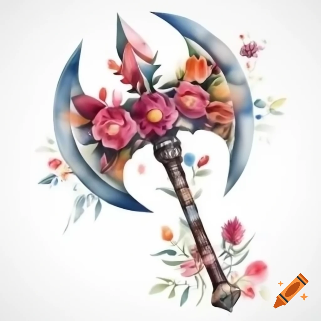 Artistic watercolor representation of a floral battleaxe