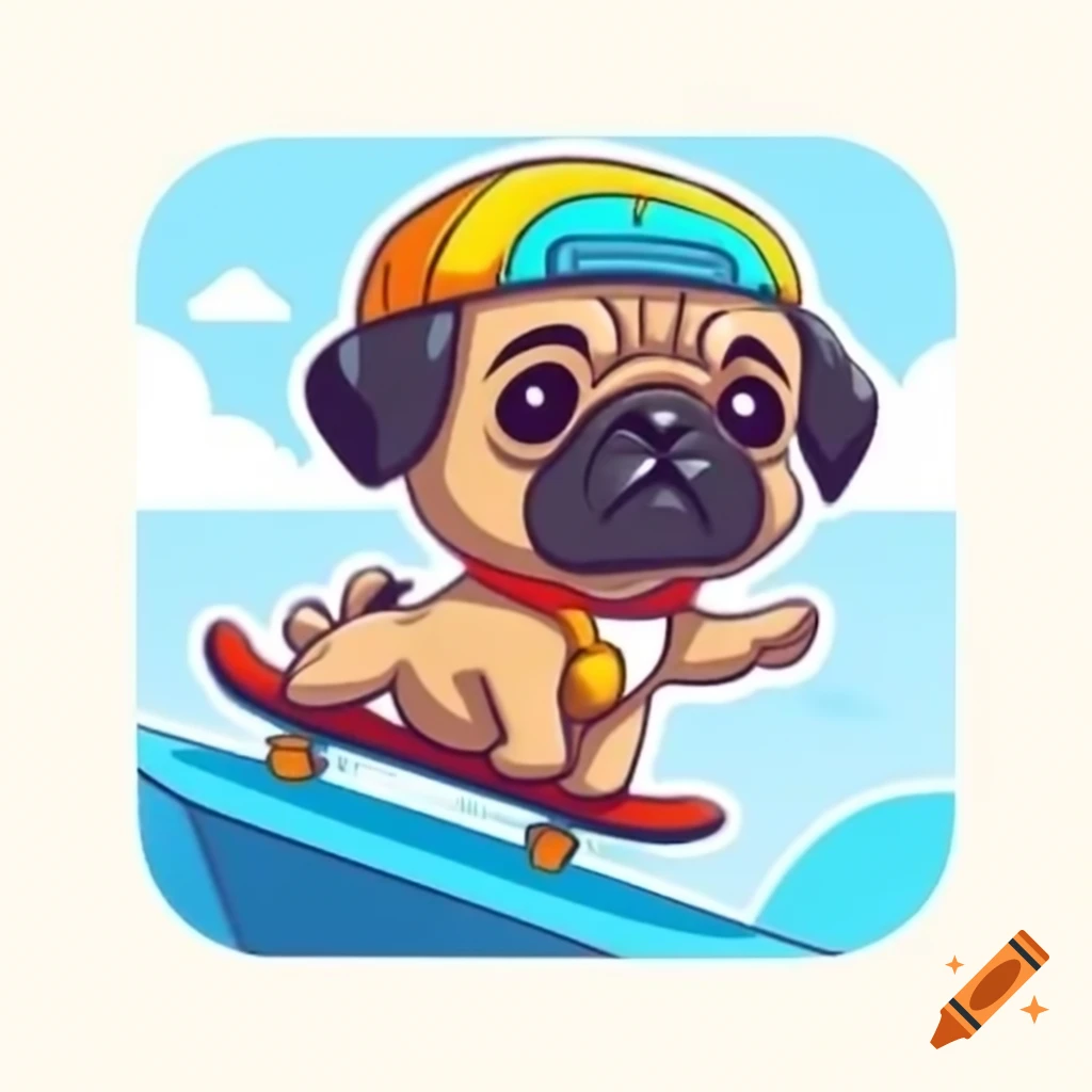 Cartoon pug performing kickflip on skateboard while wearing a hat