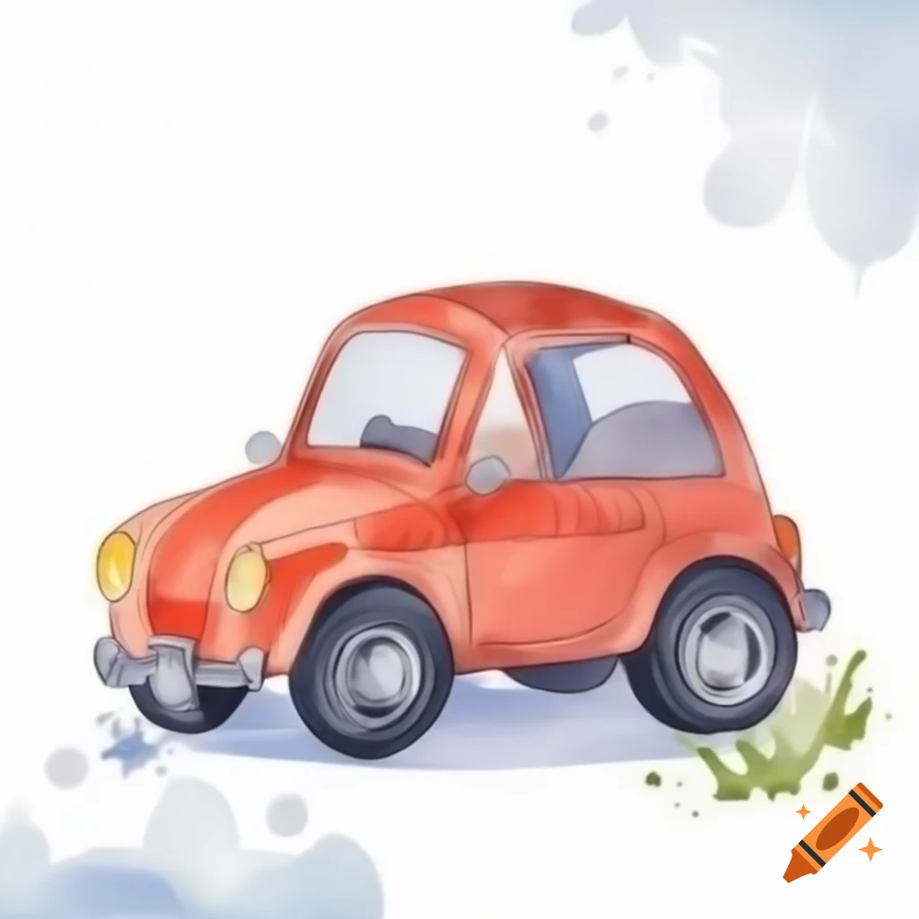 Cartoon-style toy car on white background, watercolor effect