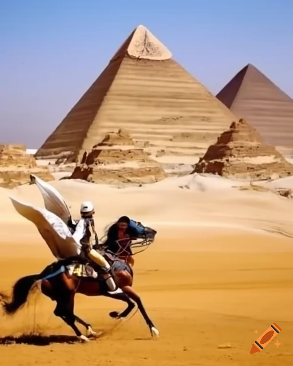 Winged Hussar galloping past the Pyramids of Giza