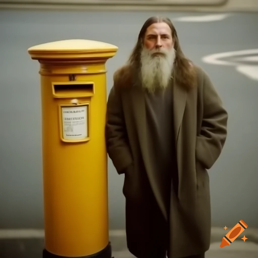 Man with long beard stuck in yellow post box