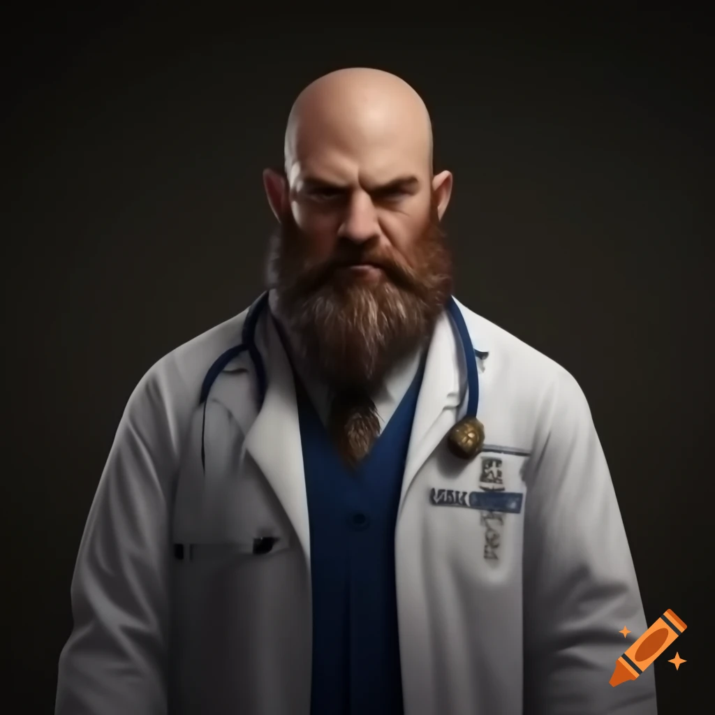 Bald male superhero nurse with a thick, well-kept beard and a cape