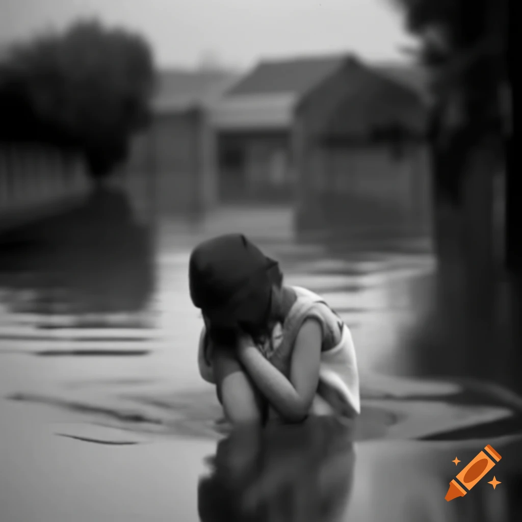 Mother and child experiencing sadness during a flood situation