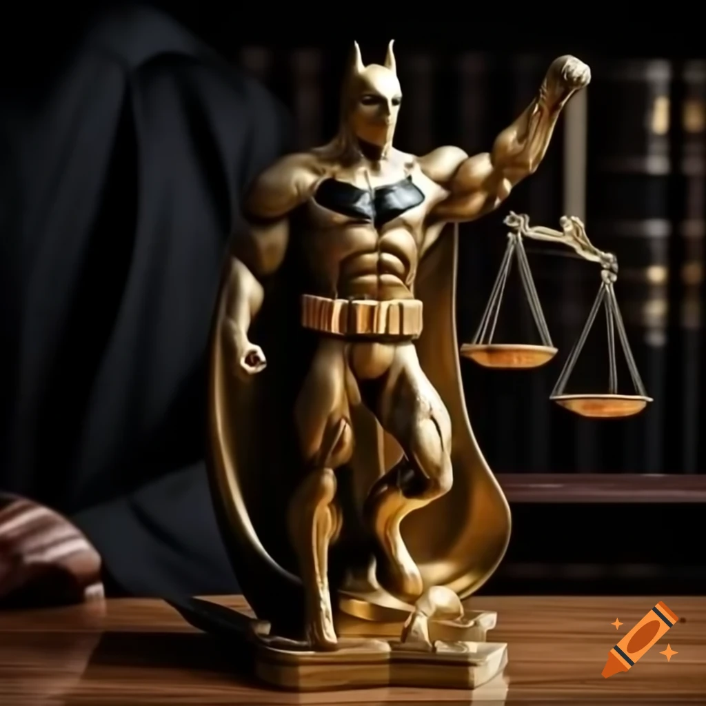 Golden Batman as Temida statue holding scales on lawyer's desk