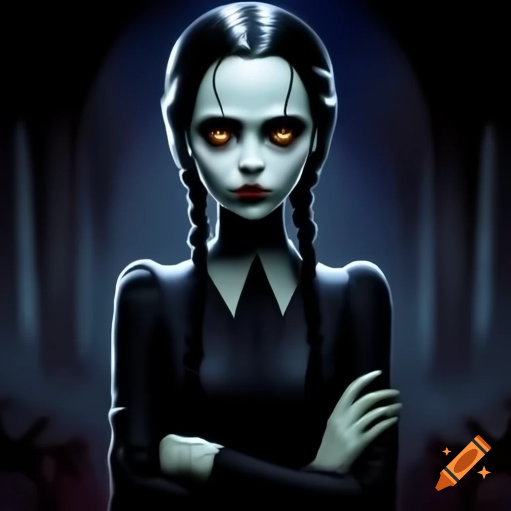 Wednesday Addams with pale skin and brown eyes, goth style with crossed arms