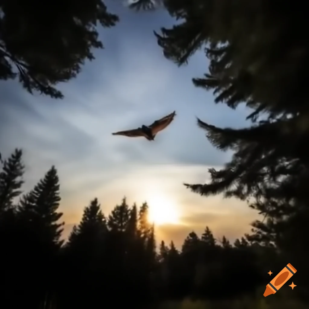 Bird flying into the sun during morning in forest