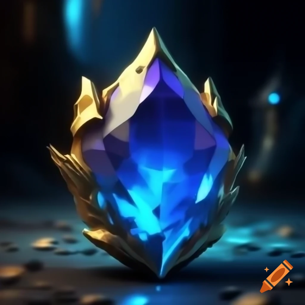 Magical blue gem with gold and purple glow, mystical and beautiful