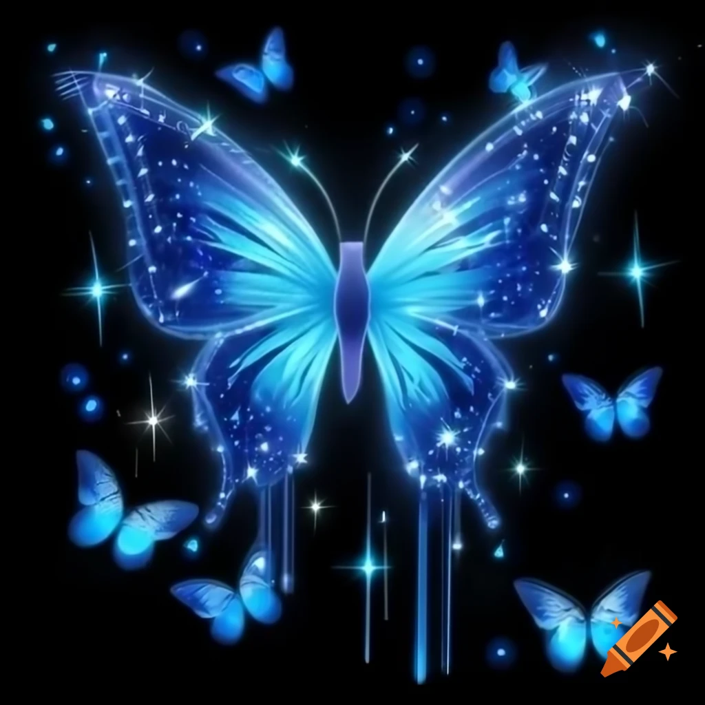 Luminous fairy dust surrounding glittering blue butterflies