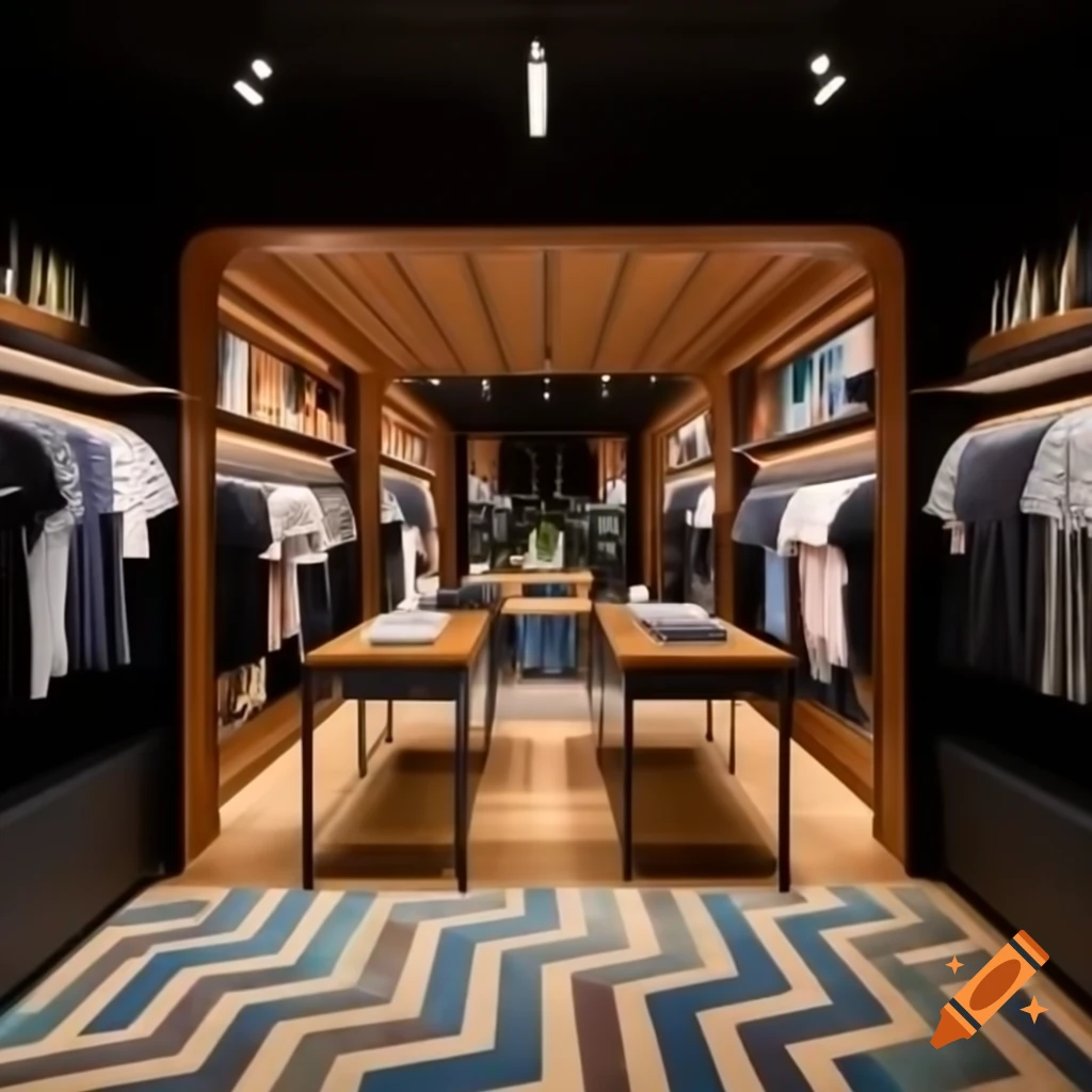 Modern retail store interior with t-shirts on display and warm color palette