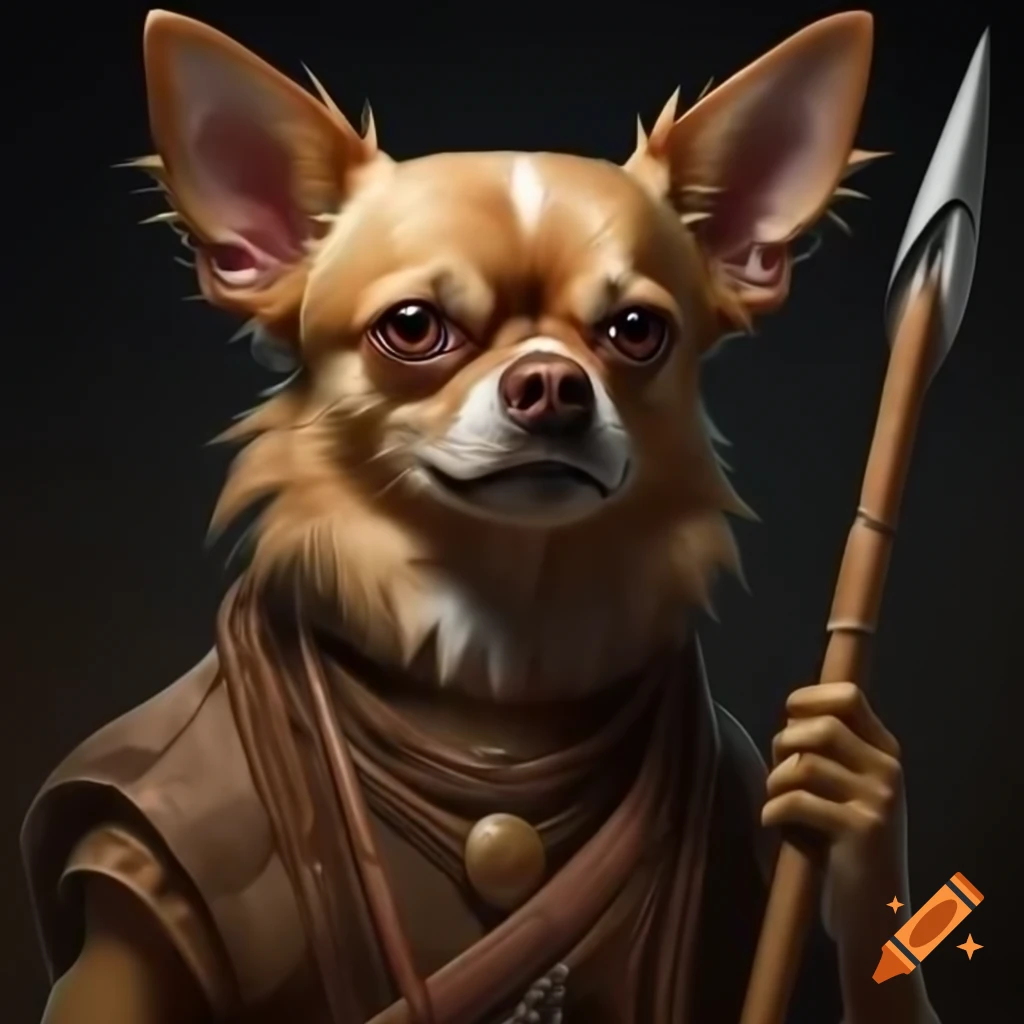 Hyper realistic anthropomorphic chihuahua in tribal clothing wielding spear in Simon Bisley art style