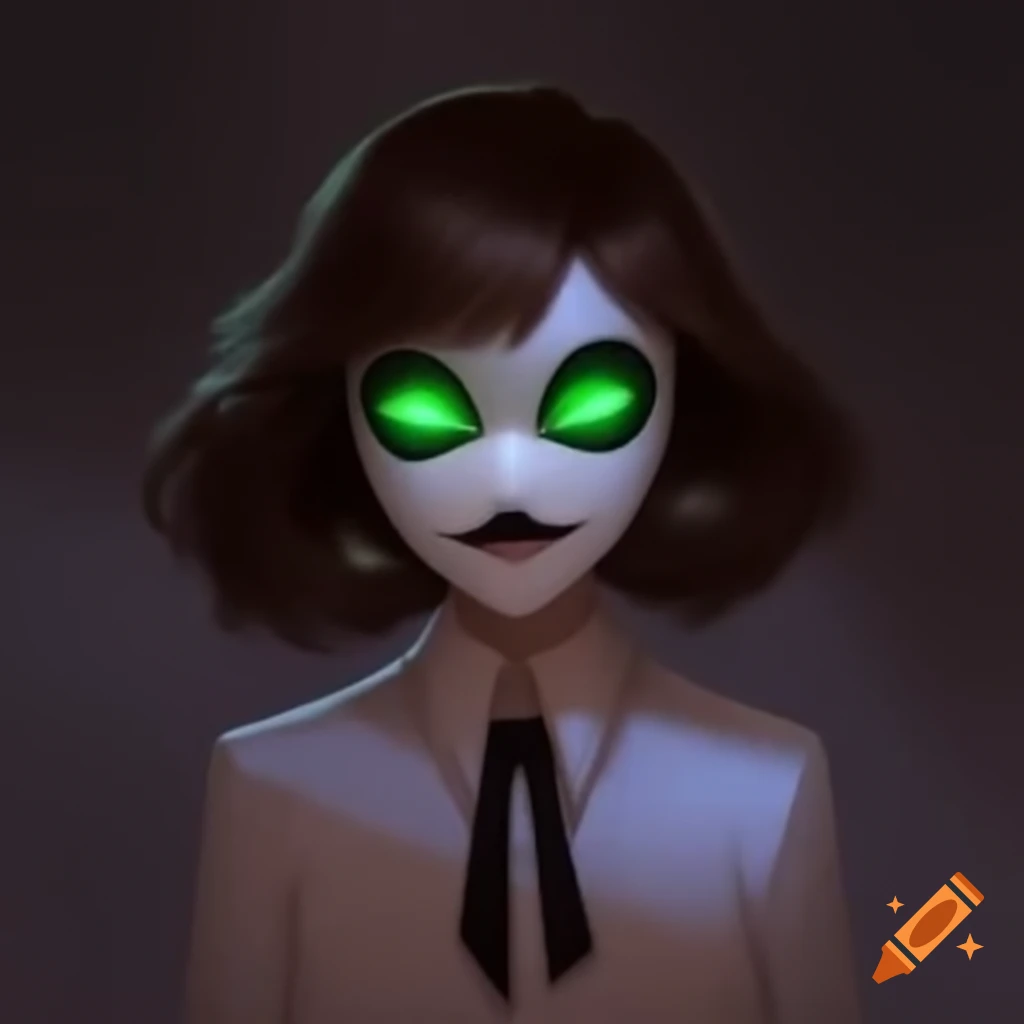 Mystical woman with glowing green eyes, brown hair, wearing a white suit and a white face mask