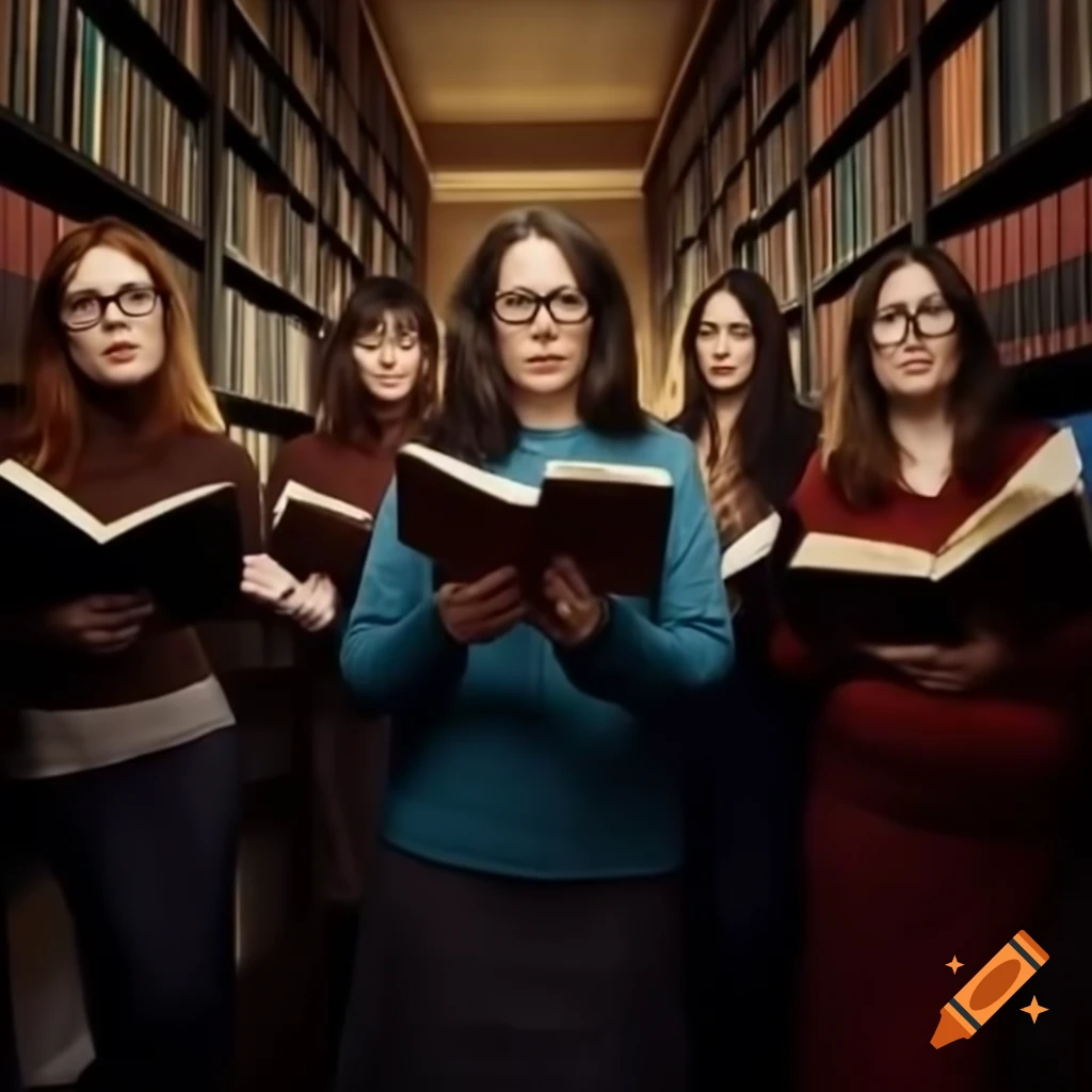 Fearless women in librarian sweaters defending a hidden world among towering bookshelves