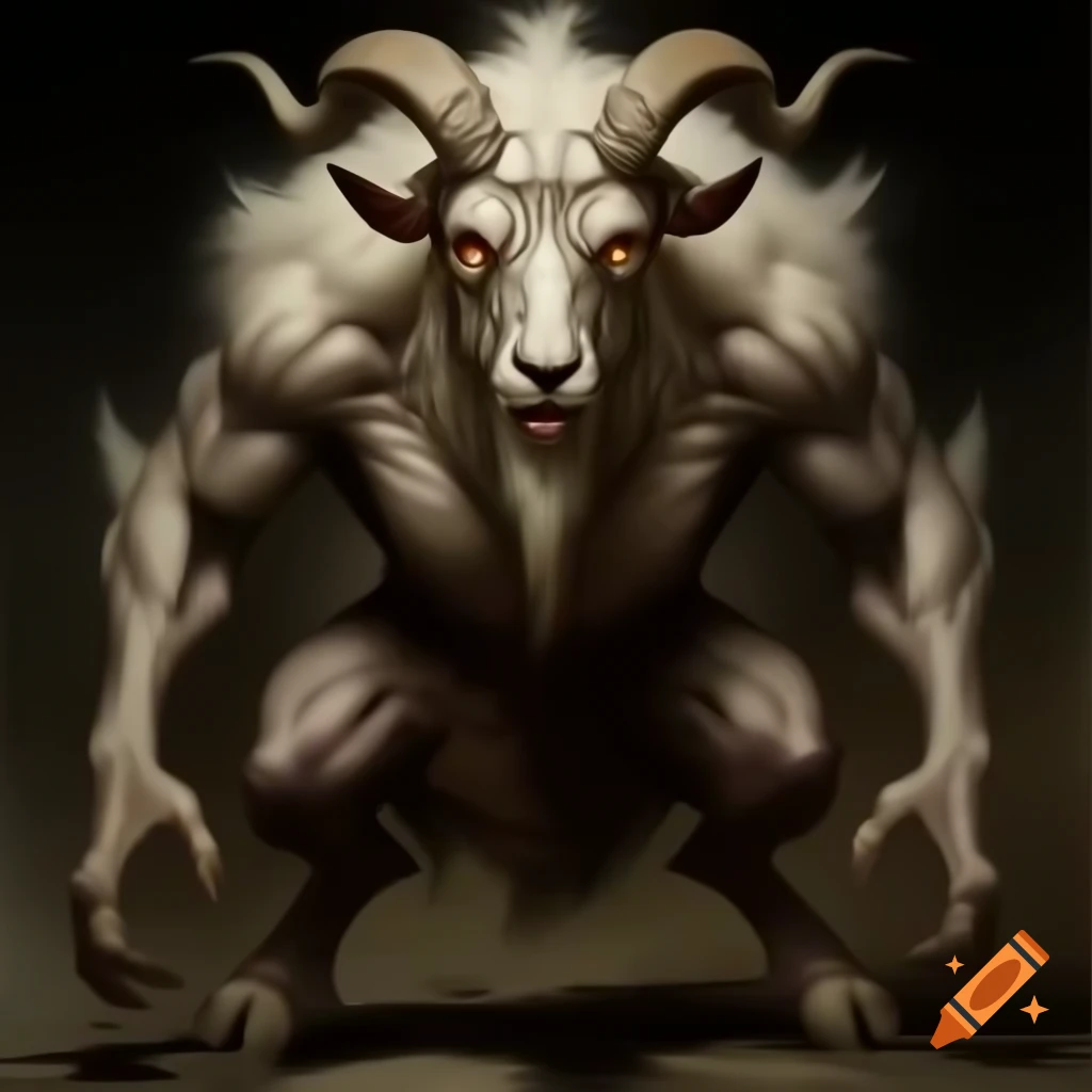 Realistic goat-headed demon with large horns and strong legs, oil painting