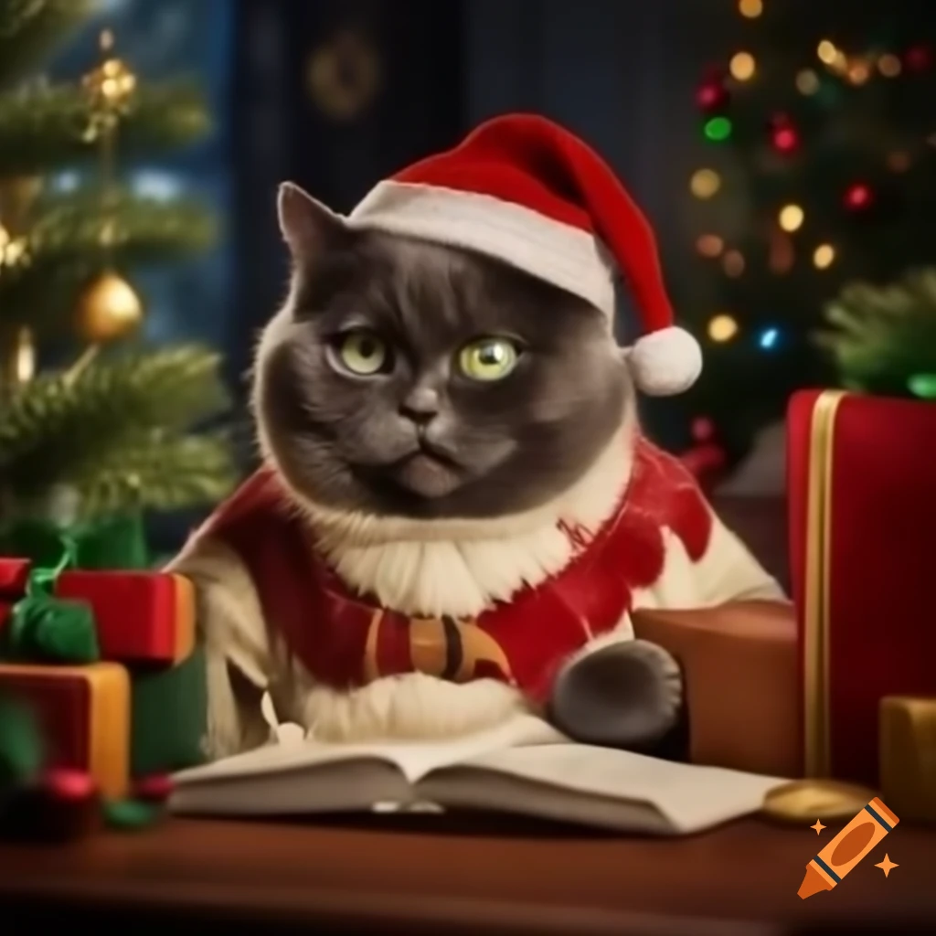 Festive scene featuring a cat celebrating Christmas