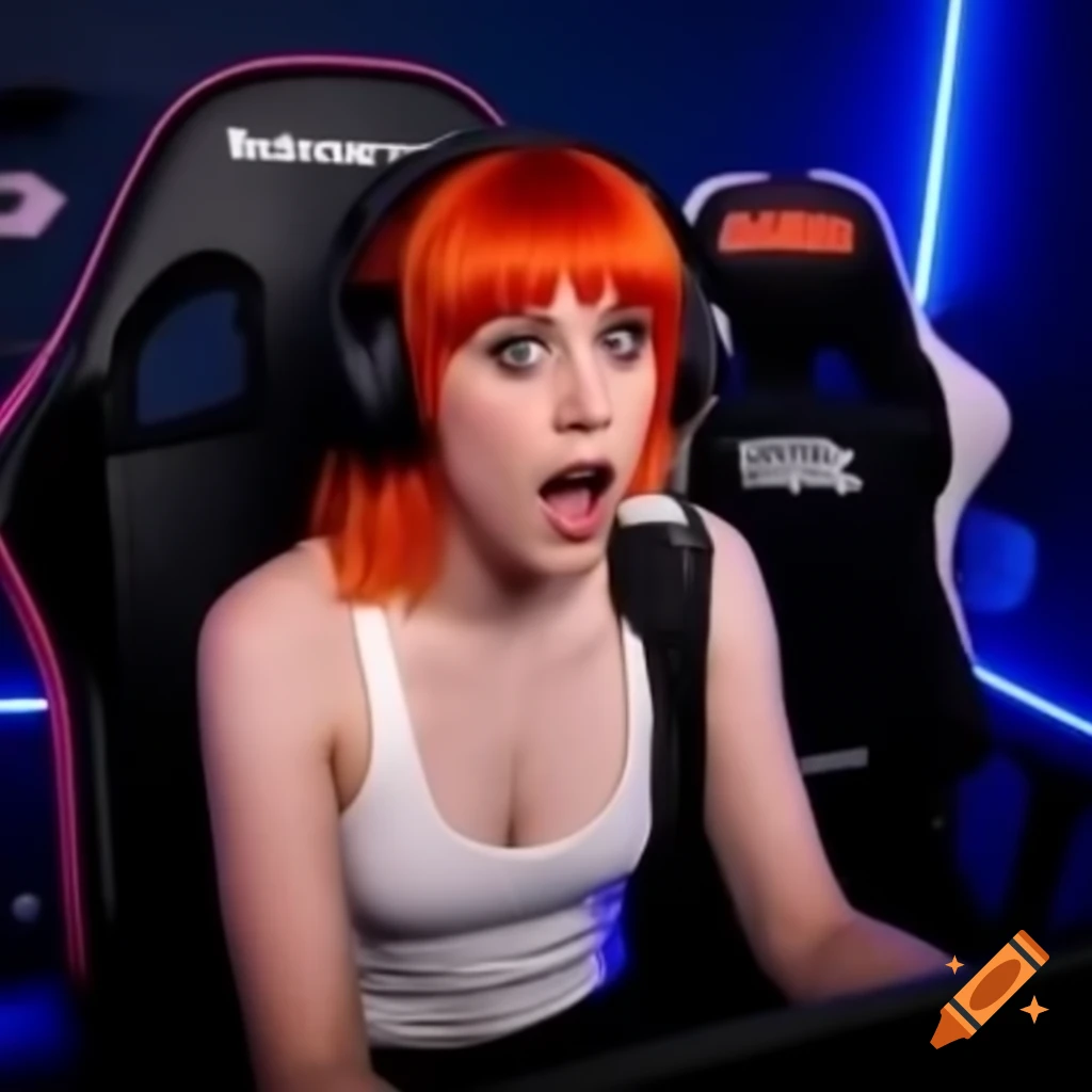Hayley Williams in gaming setup, expressing shock while falling off chair