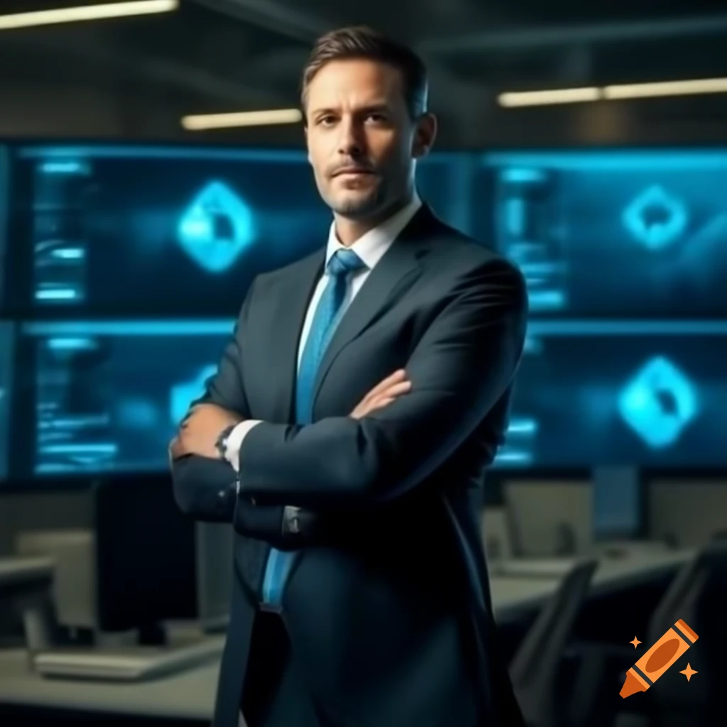 Confident insurance agent in suit standing before digital screen in modern office