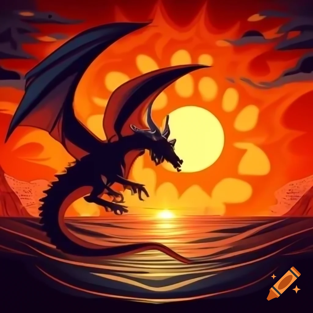 Majestic dragon soaring through sunset sky over ocean