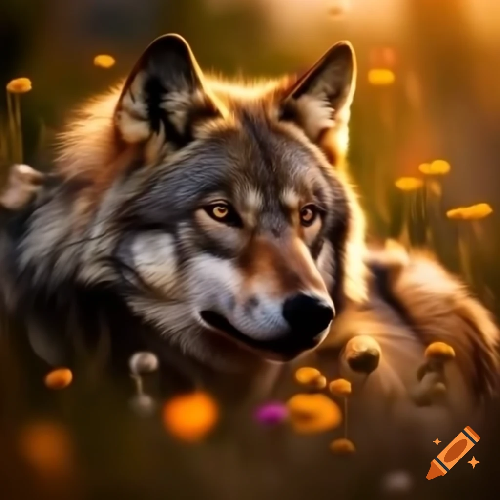 Wolf with amber eyes silhouetted against wildflowers in golden hour light