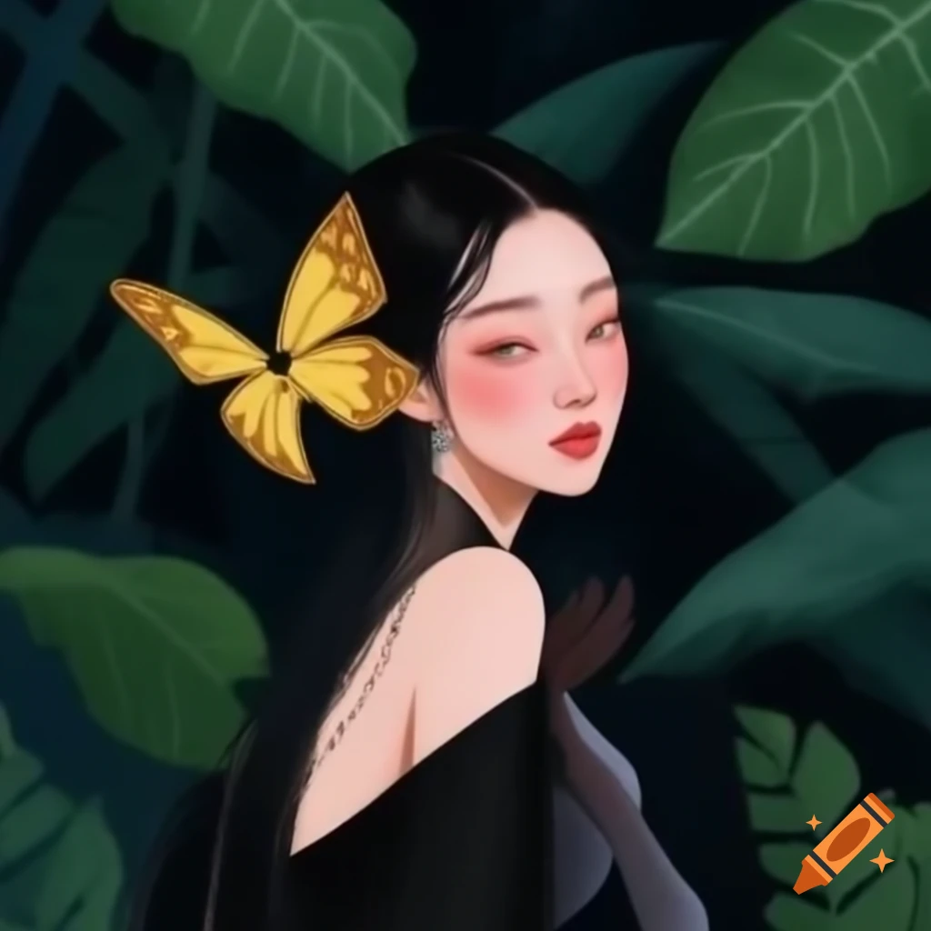Jennie Kim in black butterfly dress with golden art standing in dark jungle