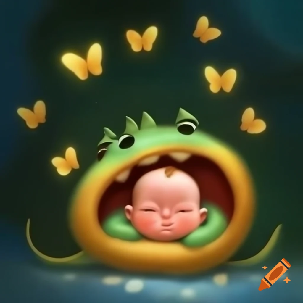 Puff the magic dragon contemplating heart-shaped butterflies
