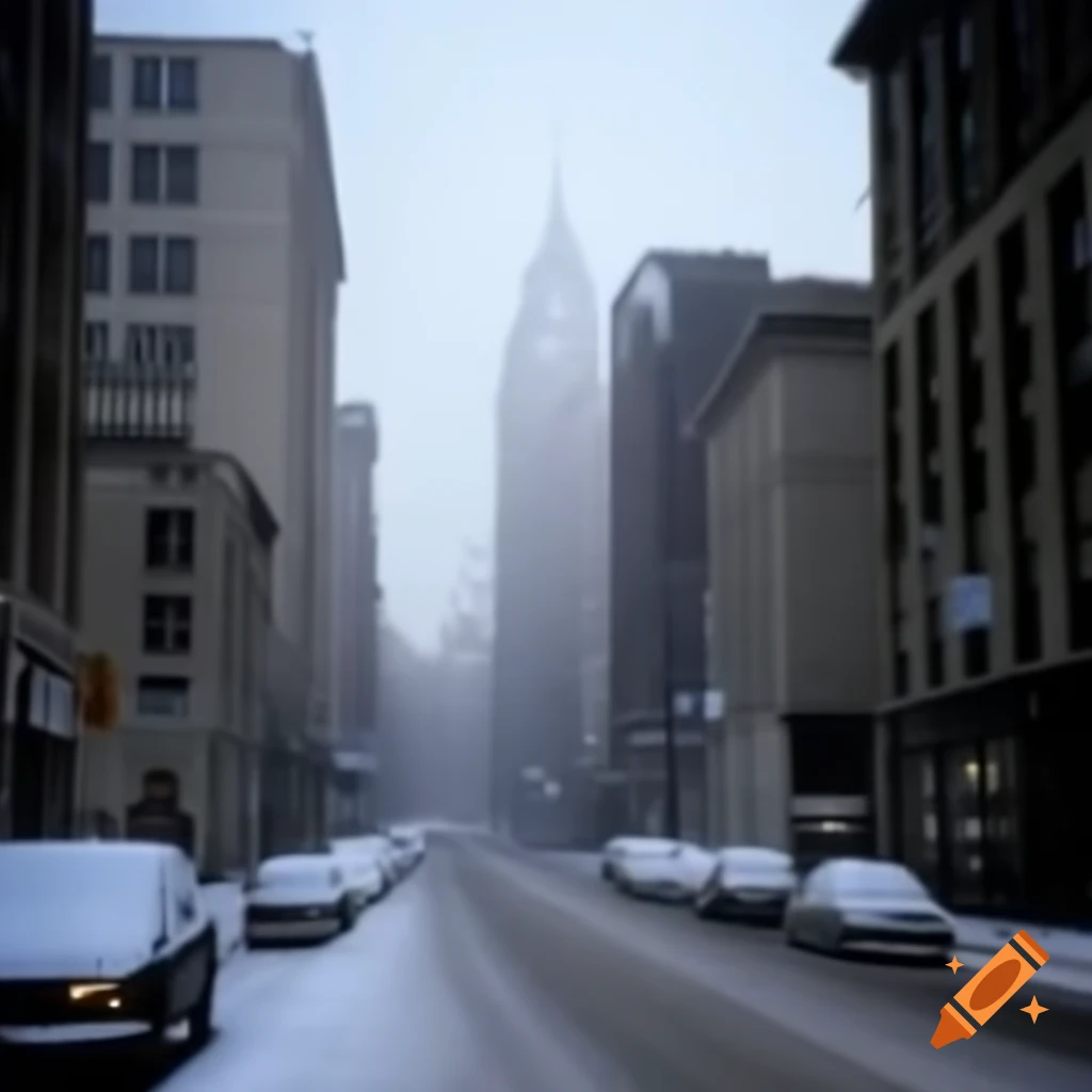Blue hour scene of East Coast streets with snow in early 2000s