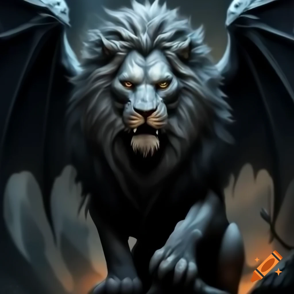 Demonic lion with black wings in dark medieval fantasy setting