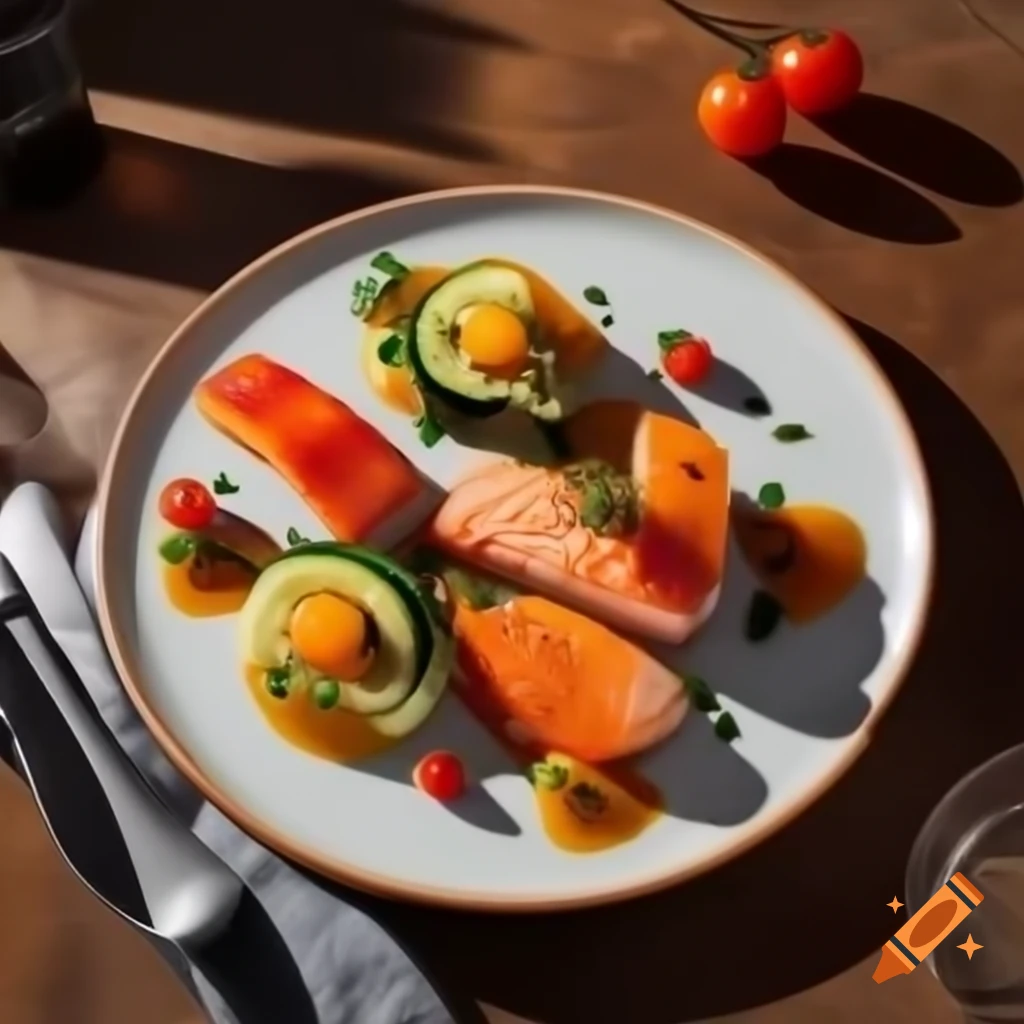 Gourmet meal featuring grilled salmon and roasted vegetables on ceramic plate