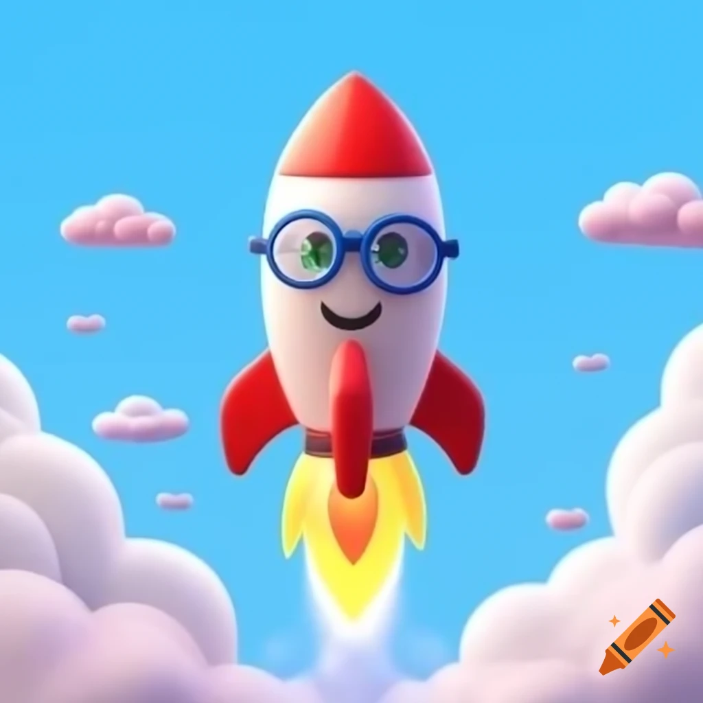 Colorful animated kids rocket with cartoon face and spectacles flying in the sky