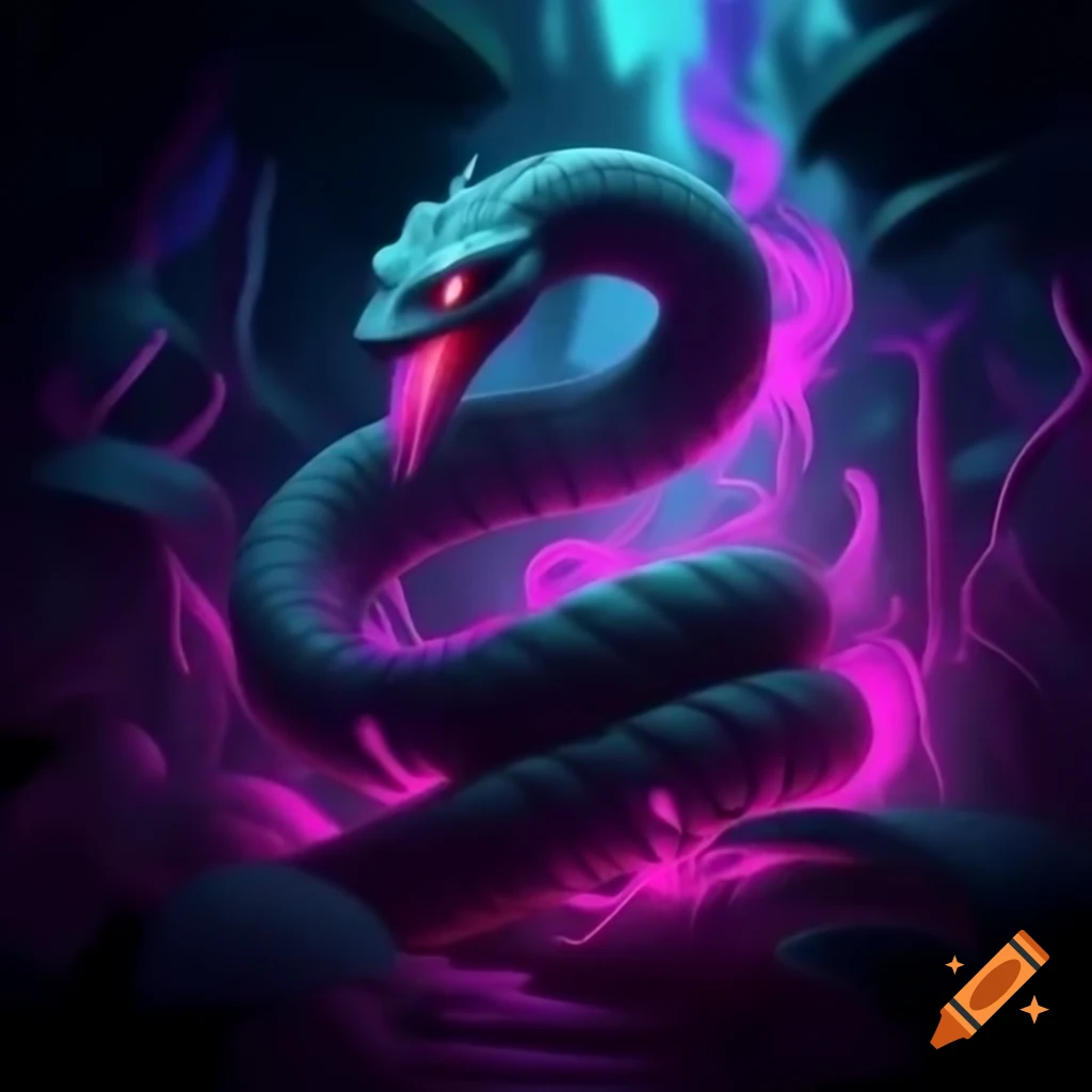 Blacklight serpent coiling through vibrant neon forest with otherworldly hues