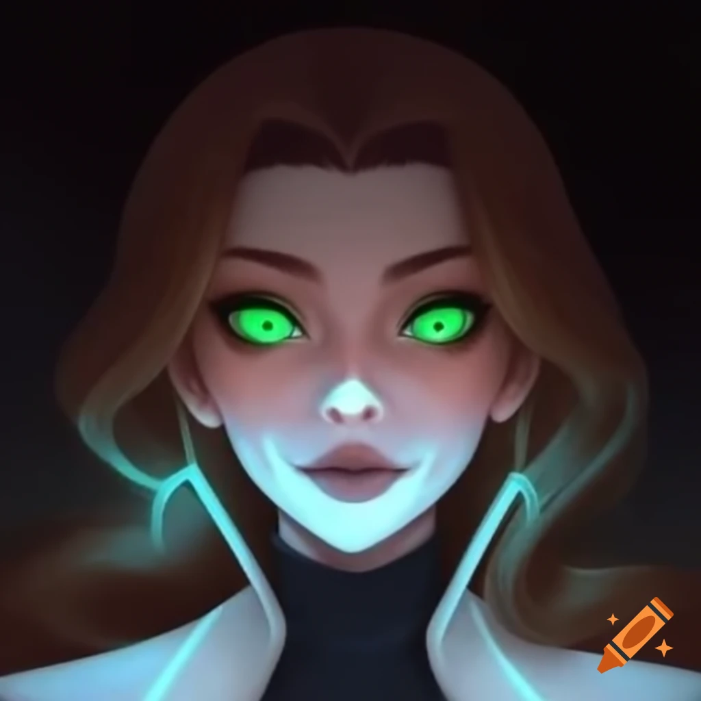 Mystical woman with glowing green eyes, brown hair, wearing a white suit and a white face mask
