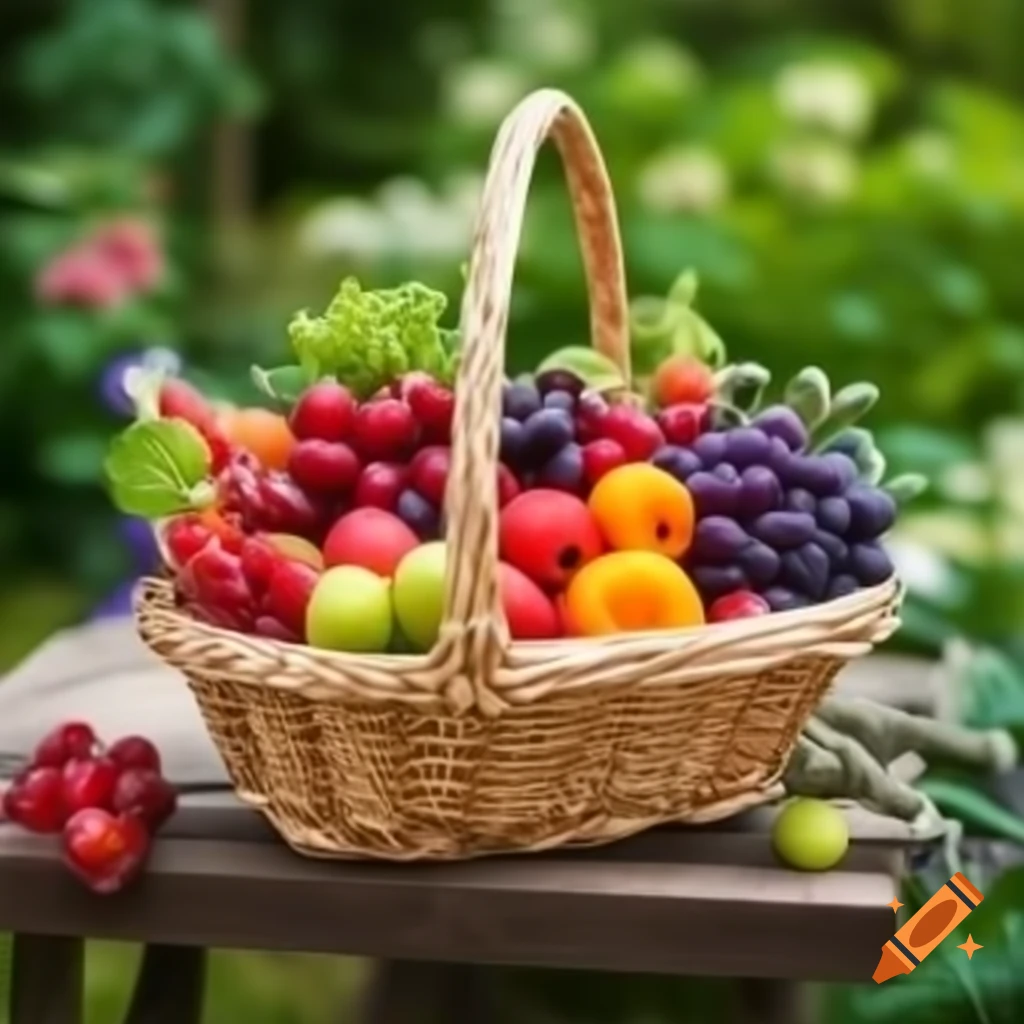 Basket of fresh fruits on wooden table in garden