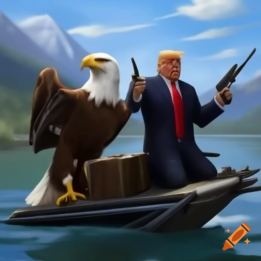 Eagle soaring over lake with a person on a jetski holding guns and a bible