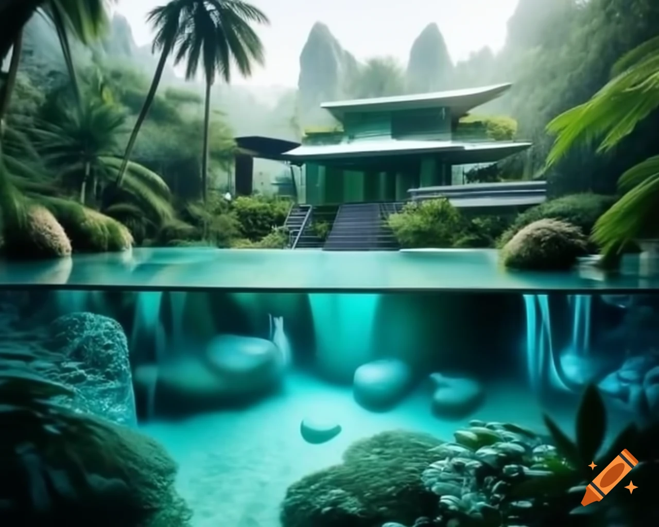 Solarpunk mansion amidst jungle and turquoise waterfall