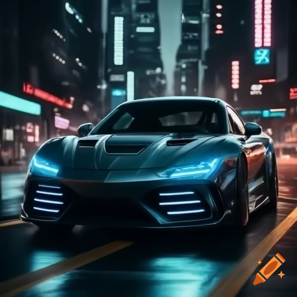 Retro futurist cyberpunk car in night city