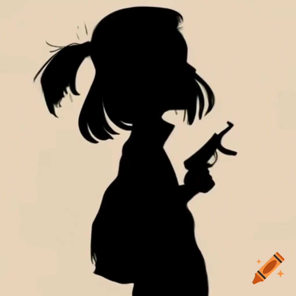Simplified silhouette of a girl with ponytail and gun