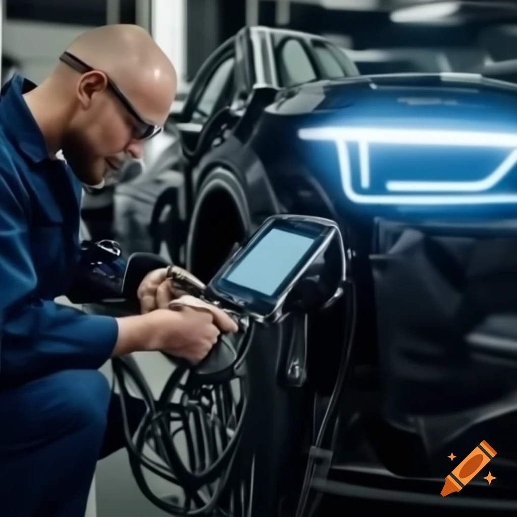 Electric vehicle service mechanic working on car