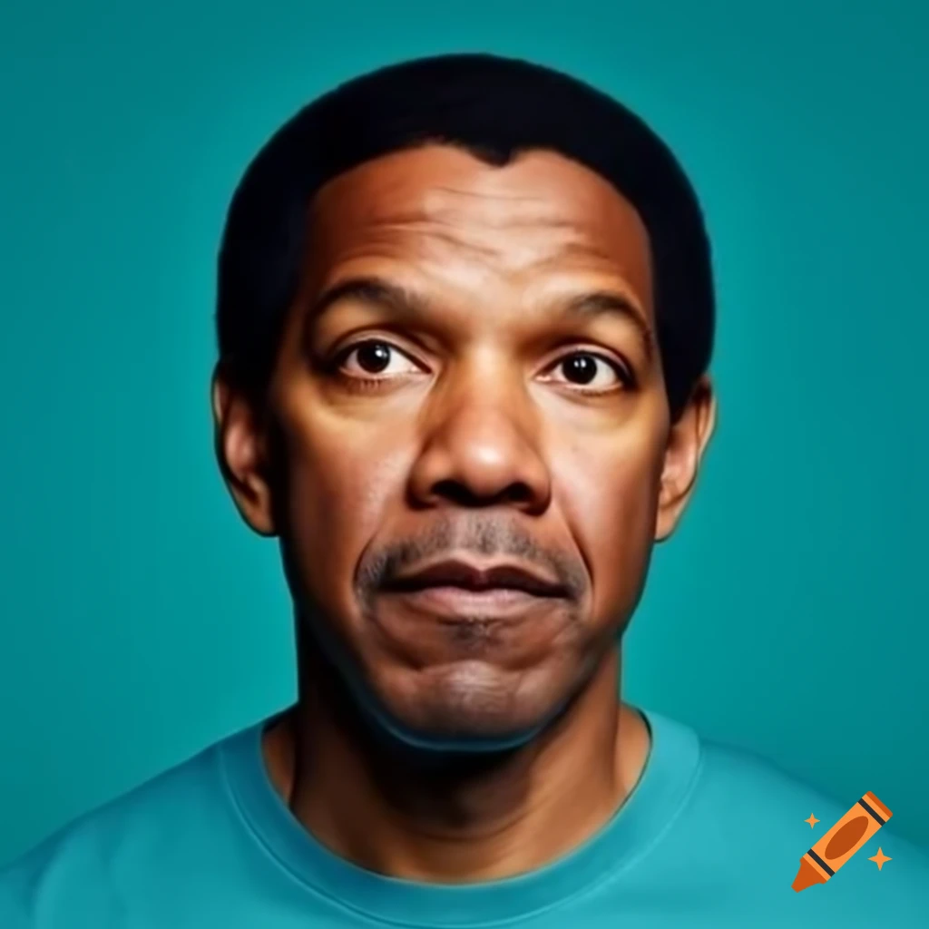Denzel Washington in teal t-shirt against teal background
