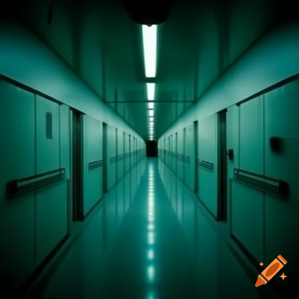 Long sterile hallway with fluorescent lighting and immaculate walls