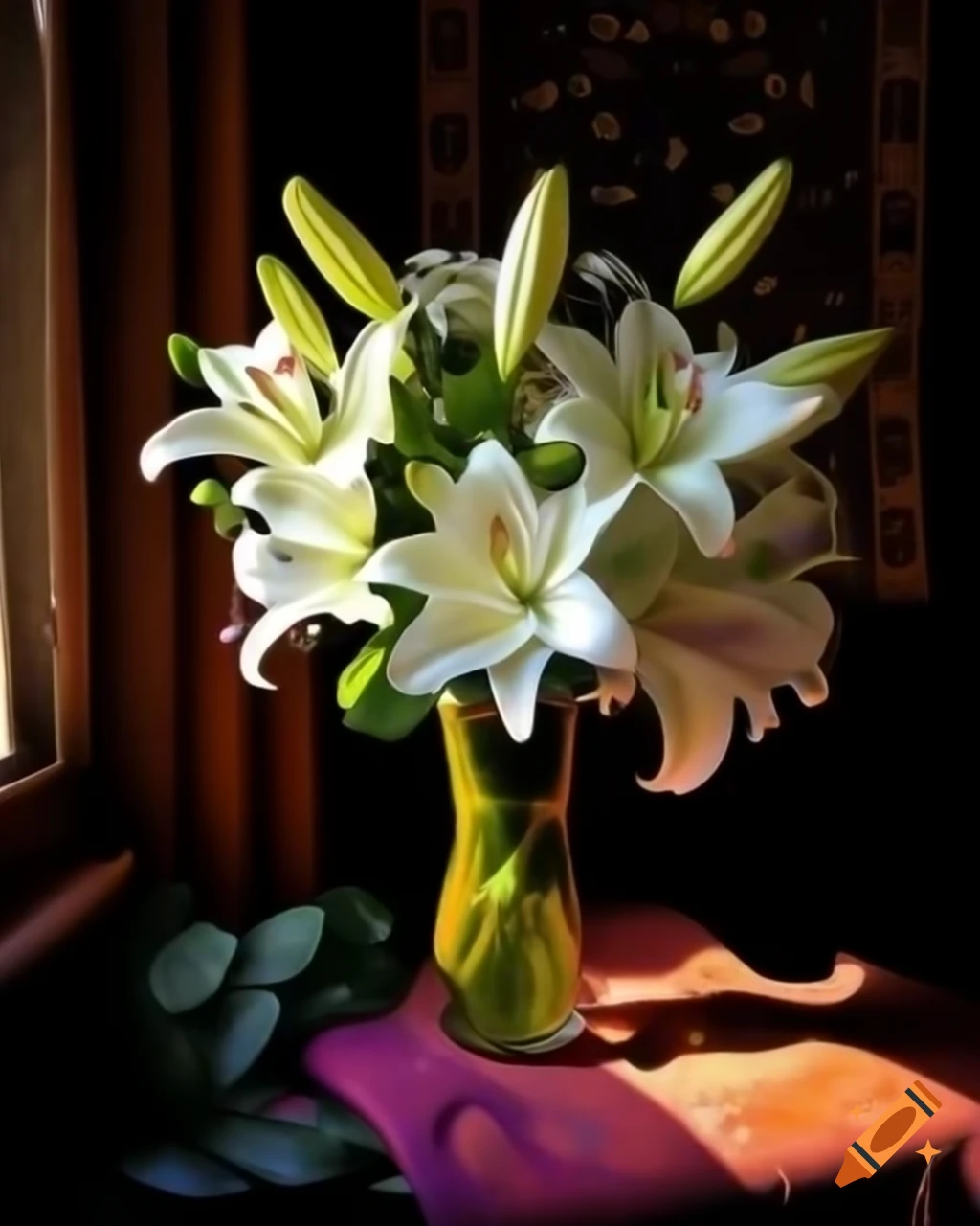 White lilies in vase illuminated by sunlight with colorful vintage tapestry background