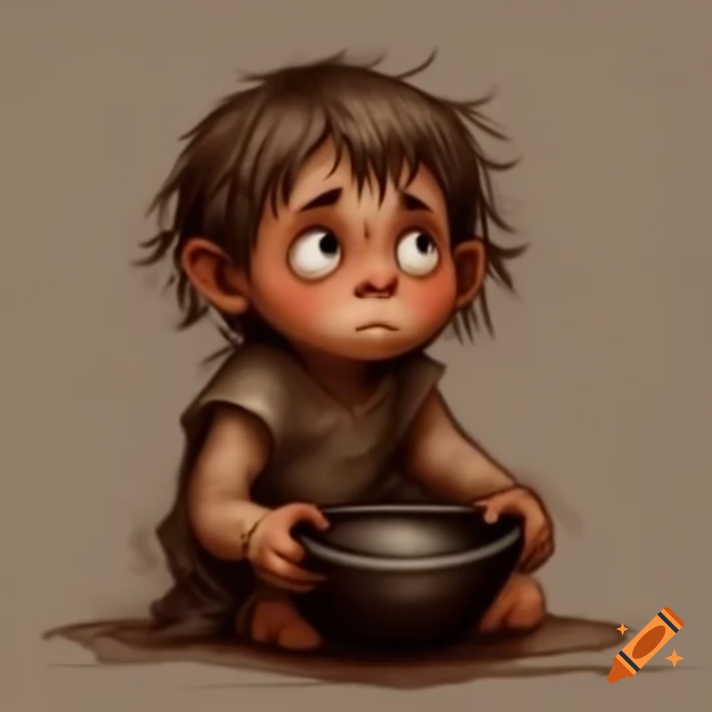 Child holding a bowl in dark medieval fantasy setting