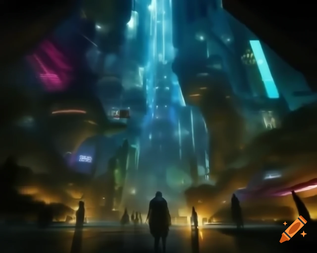 Surreal biopunk cityscape depicting fusion of technology and biology