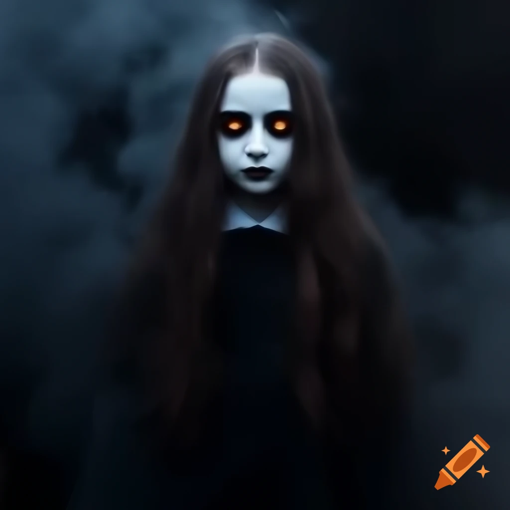 Spooky girl enveloped in black smoke with no expression