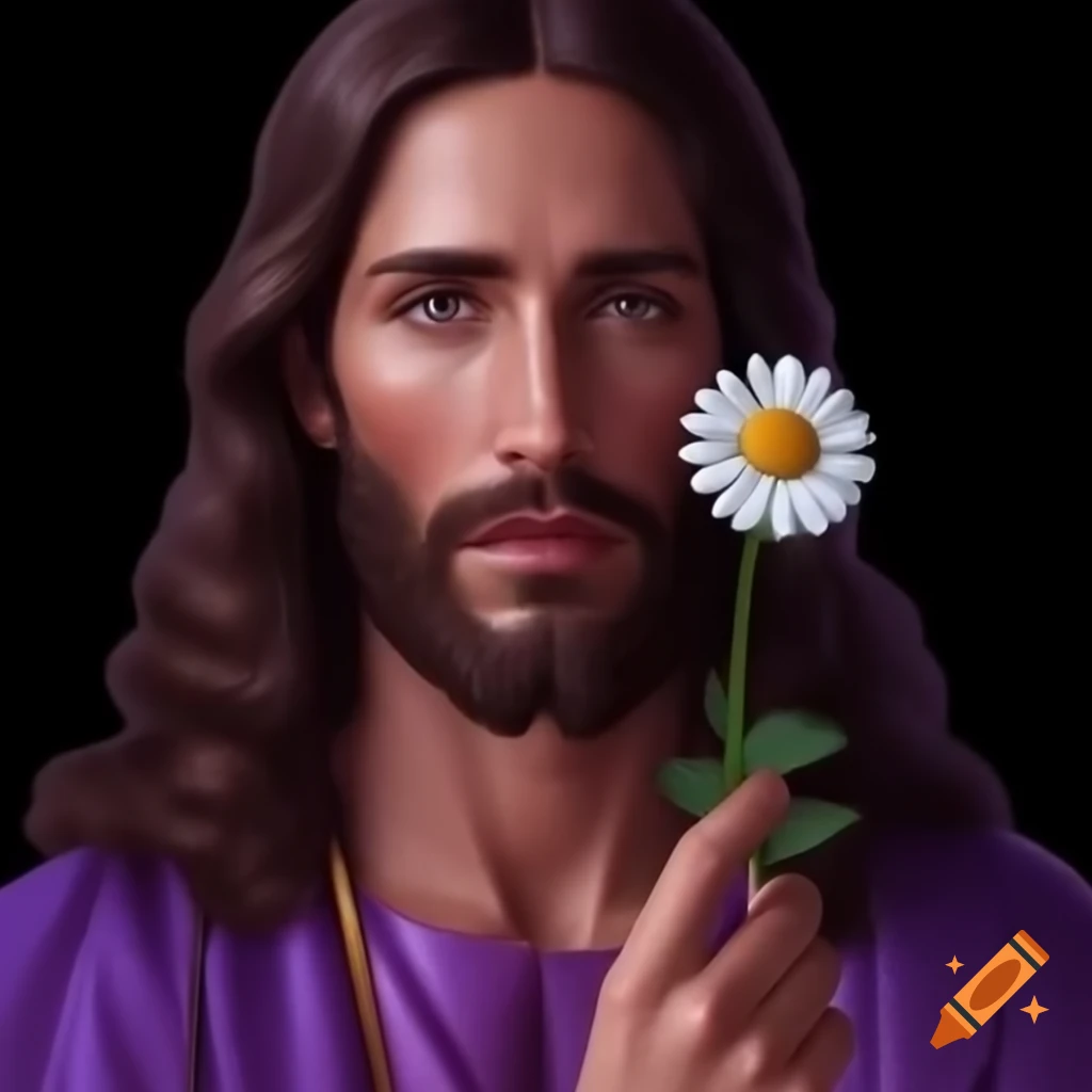 Purple figure of Jesus holding a daisy flower