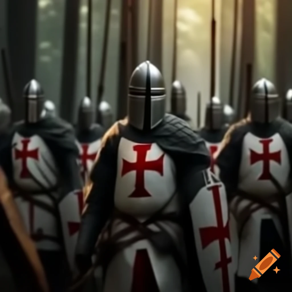 Knights Templar marching in formation through a forest