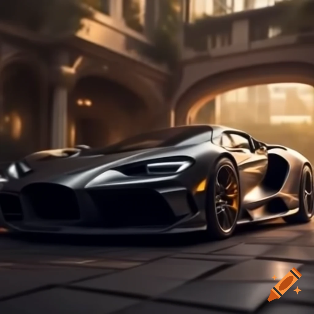 Luxurious supercar outside an upscale house with symbols of wealth