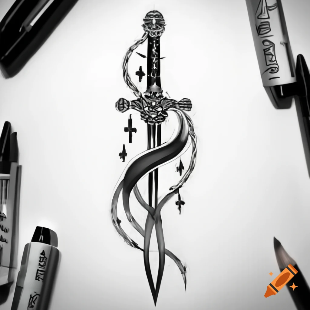Feminine tattoo design featuring a sword and dagger with cyber sigilism elements