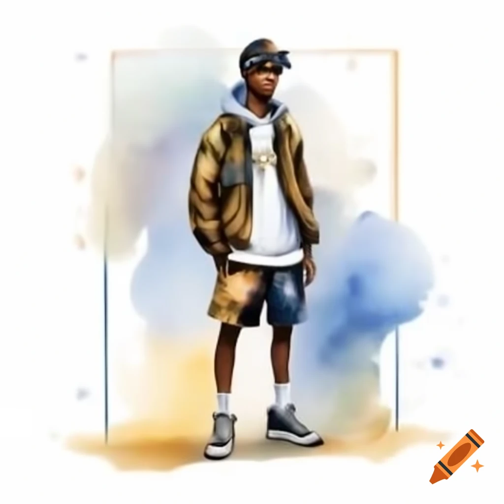 Unique streetwear character wearing Jordan 4 sneakers, Nike socks, and Louis Vuitton shorts