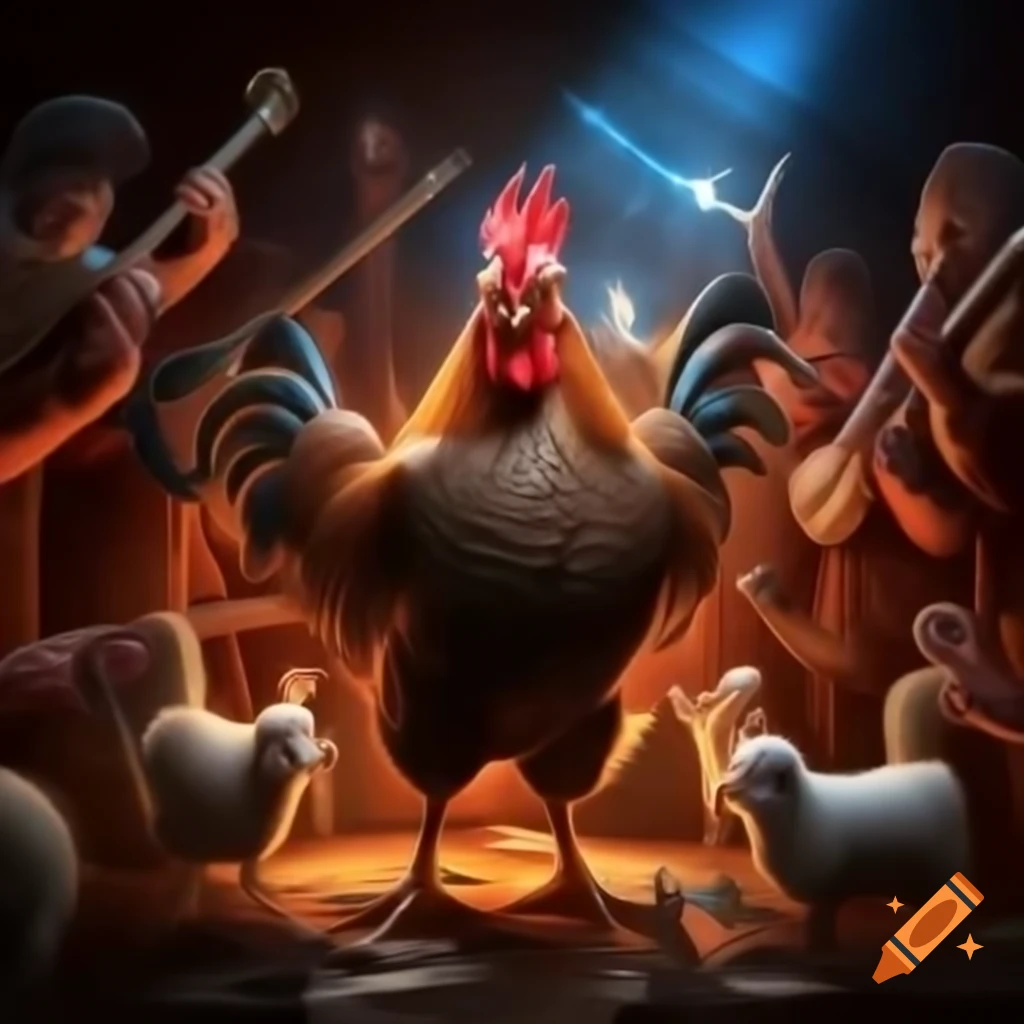 Colorful scene of roosters playing instruments with goats and sheep in the crowd